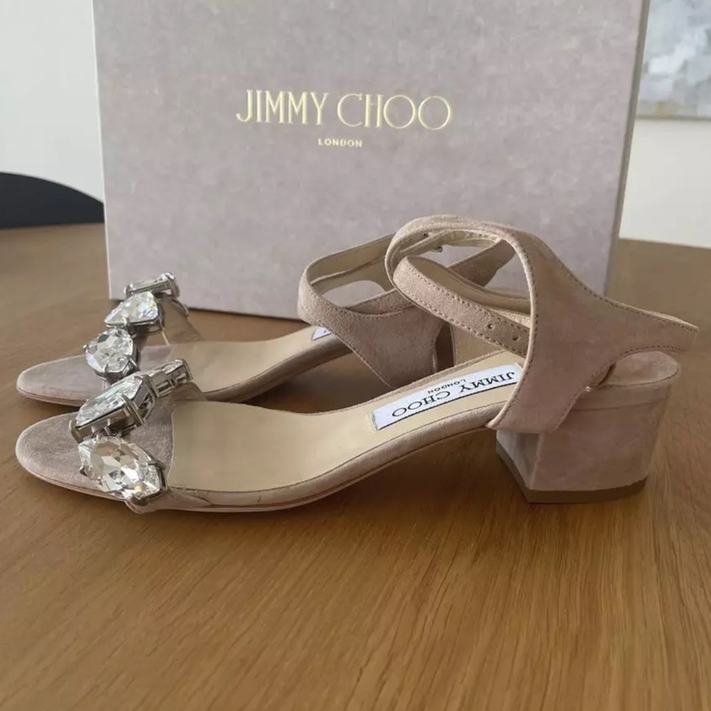 JIMMY CHOO Large Cut Crystals Mule Sandals Size38/US8 Dusty Pink Beige MARINE
